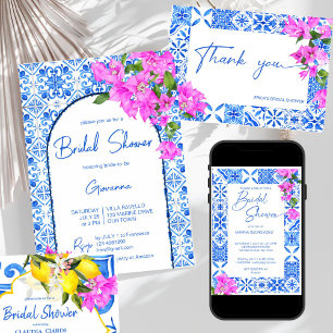 Blue Tiles Bougainvillea elegant bridal shower Thank You Card
