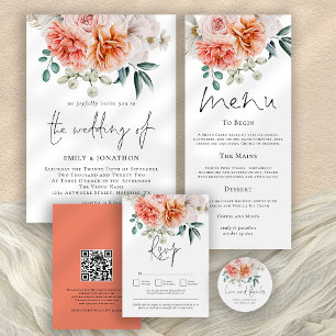 Peach Peonies Florals 3 Photos QR Code Wedding Invitation