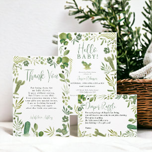 Boho green cactus gender neutral chic baby shower thank you card
