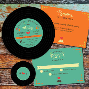Modern Retro Vinyl Record Purple & Aqua Wedding Invitation