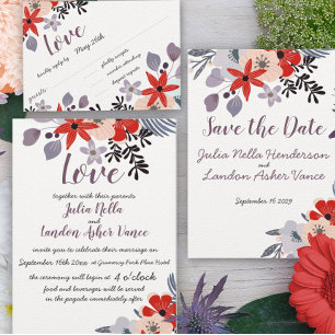 Boho Coral Navy Gray Chevron Typography Wedding Invitation