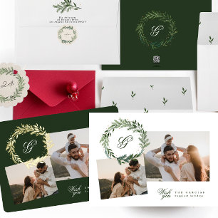 Green Classic Multi photo Gold Christmas wreath Foil Holiday Card