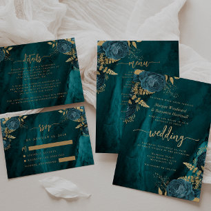 Elegant Teal Blue Gold Floral Wedding Invitation