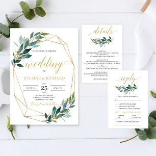 Green eucalyptus gold geometric boho wedding invitation