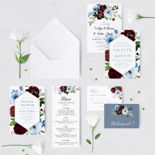 geometric burgundy & Dusty blue floral wedding Invitation
