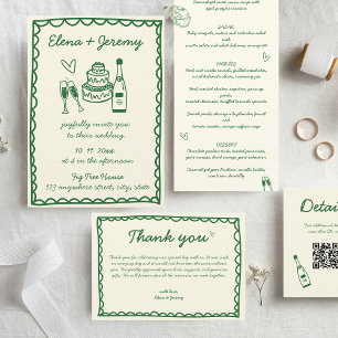 Hand Illustrated Vintage French Green Wedding Invitation
