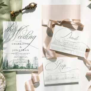 Elegant Calligraphy Rustic Mountains Wedding Invitation