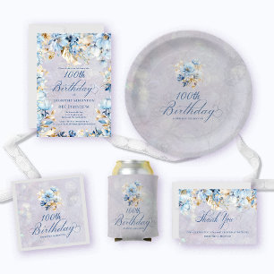 Blue White Watercolor Floral 100th Birthday  Paper Plates