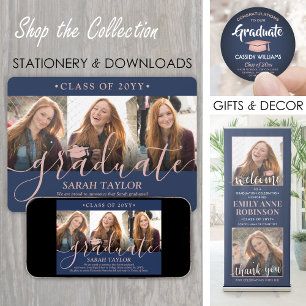 4 Photo Graduation Party Navy Blue & Pink Script Invitation