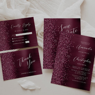 Burgundy Brushed Metal Glitter Script Wedding Invitation