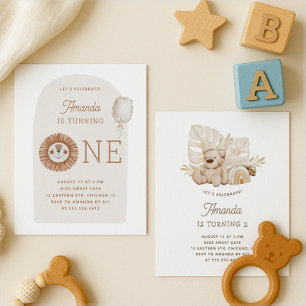 Wild One   Neutral Boho Lion First Birthday Party Invitation