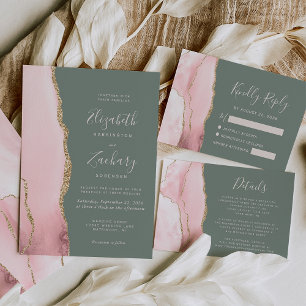Modern Blush Pink Gold Agate Sage Green Wedding Invitation