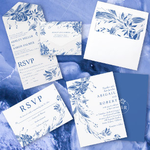 Blue and white line art flowers wedding  all in one invitation