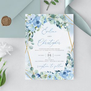 Dusty Blue Floral Gold Geometric Frame Wedding Invitation