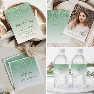 Elegant Green Glitter Drip 18th Birthday Party Water Bottle Label
