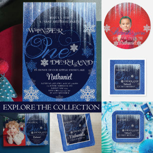 Winter ONEderland Photo Blue 1st Birthday Invitation