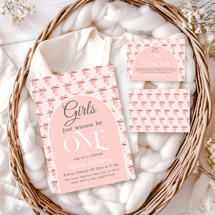 Girls Just Wanna be ONE Pink Bow First Birthday Thank You Card
