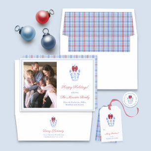 Preppy Monogram Red Bow Family Christmas Photo Holiday Card