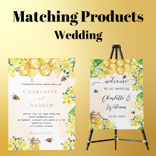 Wedding bees yellow florals honeycomb invitation