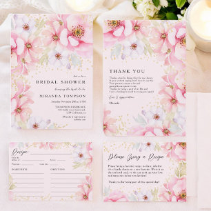 Pink Floral Watercolor Gold Glitter Bridal Recipe Enclosure Card