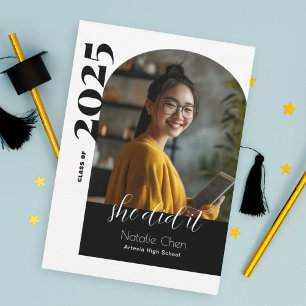 Modern Black Arch Photo She Did It Graduation  Announcement