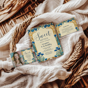 Blue Cornflower Art Nouveau Sweet Sixteen Invitation