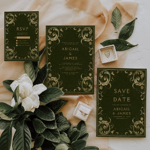 Vintage Frame Olive Green Gold Wedding Invitation