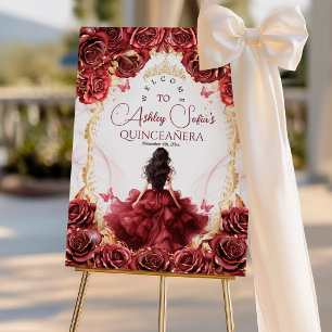  Red Burgundy and Gold Floral Roses Quinceañera Invitation