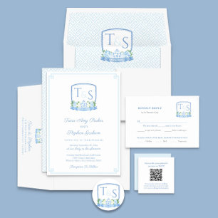 Grandmillenial Blue And White Wedding Crest Square Sticker
