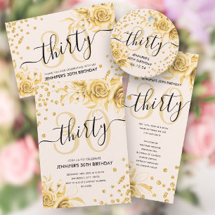 Gold Floral Glitter 30th Birthday Programs