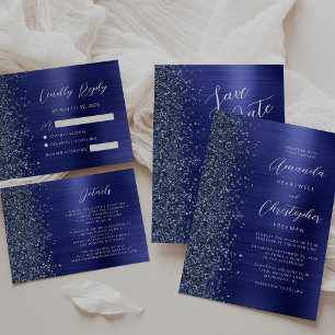 Navy Blue Brushed Metal Glitter Script Wedding Invitation