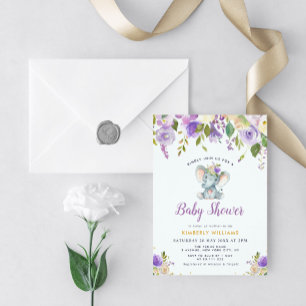 little elephant purple floral shower by mail invitation