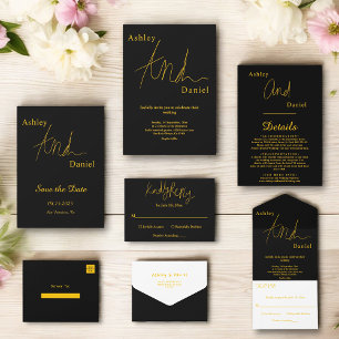 Elegant Simple Black And Gold Calligraphy Wedding RSVP Card