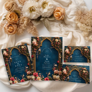 Navy Blue Floral Islamic Wedding Save The Date