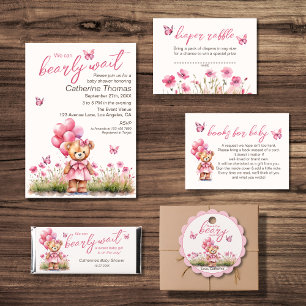 Teddy Bear Balloon Pink Butterfly Girl Baby Shower Invitation