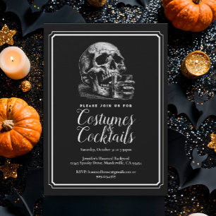 Halloween Black Vintage Skull Costume Party  Invitation