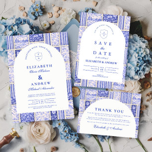 Blue White Patchwork Toile Wedding Invitation