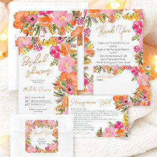 Bold Boho Watercolor Orange Pink Floral Bridal Invitation
