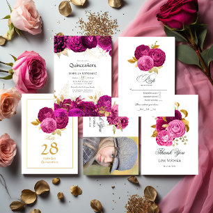 Hot Pink and Gold Floral Quinceañera Photo Thank You Card