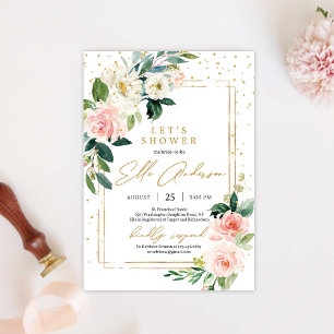Rustic blush pink floral gold frame vow renewal invitation