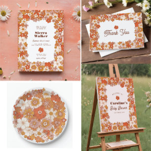 Groovy Retro Hippie Floral Pink Orange Baby Shower Invitation