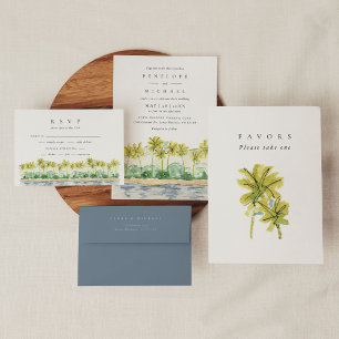 Beach Palm Trees Tropical Watercolor Wedding Invitation