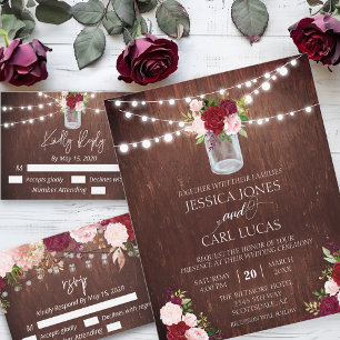 Rustic Wood Burgundy Blush Pink Rose Mason Jar Flyer