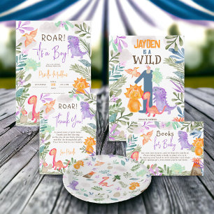 Cute watercolor dinosaurs greenery baby shower paper plates