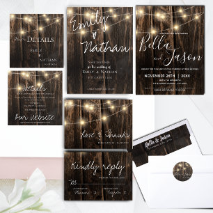 Rustic Barn Wood With String Lights Wedding  All In One Invitation