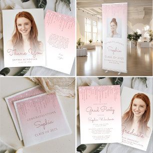 Class of 2025 Pink Glitter Drip Photo Graduation Retractable Banner