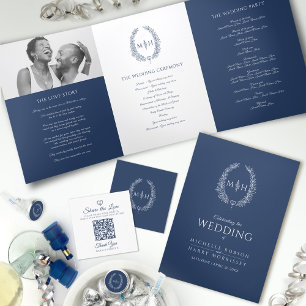 Leaf oval line art wedding navy blue and white magnetic invitation