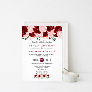 Wedding Invitation: Blush Pink Burgundy Floral Magnetic Invitation
