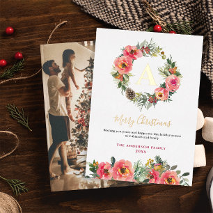Monogram Photo Gray Botanical Wreath Christmas  Foil Holiday Card