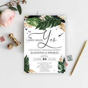 Boho tropical leaves gold black vow renewal invitation